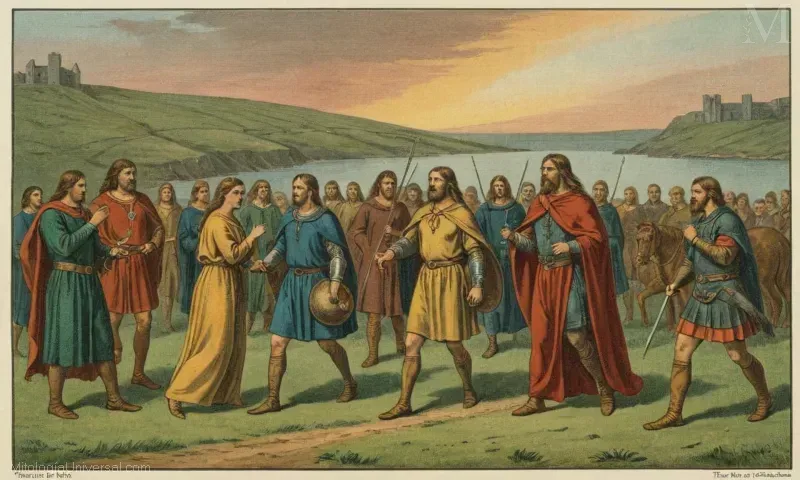 Ilustración vintage de una épica irlandesa con temas mitológicos, mostrando la estructura y los elementos narrativos presentados en Mitología Universal.