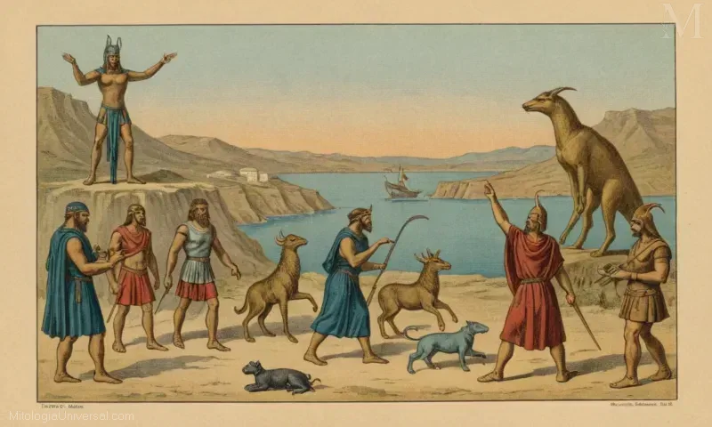 Vintage ilustración de Orígenes Minoico representando el mito sobre robot perdido hecho de leyes de bronce. Esto representa los sistemas de creencias tradicionales de civilizaciones antiguas.