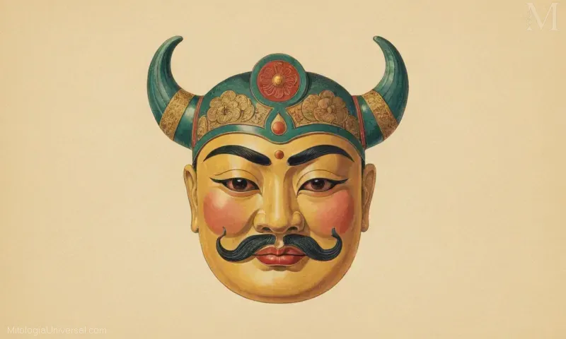 Vintage ilustración de Taoties máscara de la mitología china. Un resumen de su importancia es un símbolo de varias funciones, incluyendo la figura del padre y mediador dentro de la cultura china, lo que significa un equilibrio entre fuerzas opuestas.