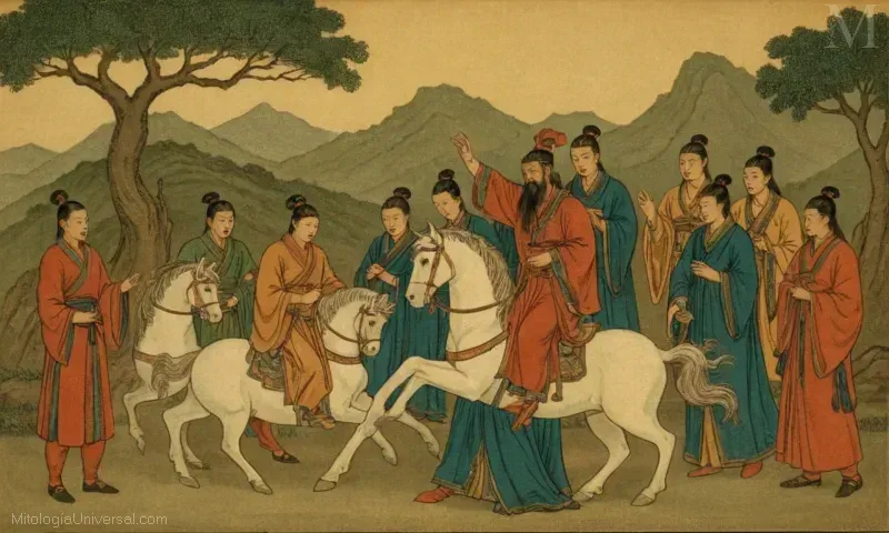 Ilustración vintage de interpretaciones simbólicas y ritualistas en la mitología china.