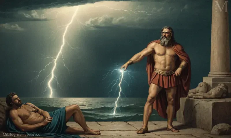 Ilustración vintage que representa a Taranis, el dios griego del trueno y las tormentas junto con los rituales tradicionales asociados con él.