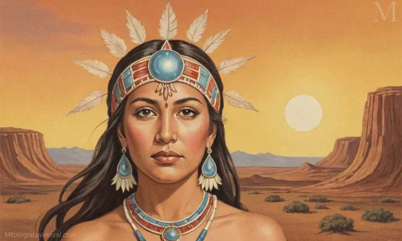 Ilustración de Theia representado como Té en folklore latinoamericano. Una diosa asociada con la luz y el cielo.