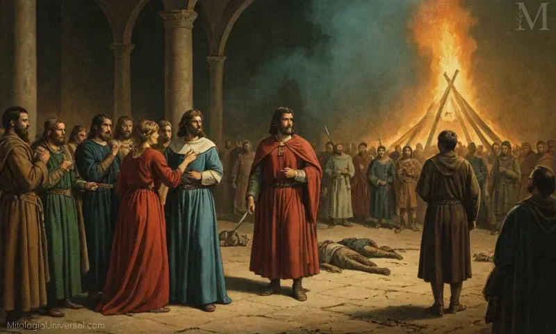 Ilustración vintage de El Día de la Destrucción y el final de los rituales de culto alemán. Representa un evento significativo en la historia de la cultura alemana.