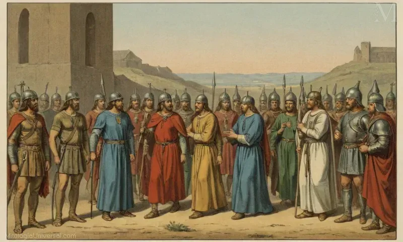 Vintage ilustración de ritos ceremoniales y figuras divinas alemanas del libro Los Rituales y la Suspensión de la Guerra de Tejer: Rituales y Deidades Germánicas. Este libro presenta un estudio sobre rituales alemanes y prácticas de deidad durante la guerra.