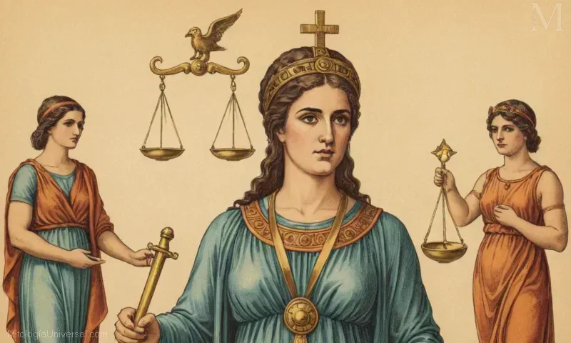 Ilustración vintage que representa a Temis, la diosa mitológica griega de la justicia y el orden. La referencia se refiere a profecías, asambleas (como una asamblea o convención), y cómo estos roles se llevaron a cabo en la mitología griega. Esto podría referirse a figuras como Casandra y Thetis.