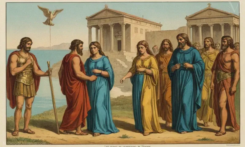 Vintage ilustración que representa Matrimonio con Zeus y la Generación Olímpica de Temis, un evento mitológico griego con Zeus y los semidioses olímpicos.