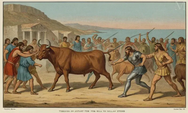 Imagen vintage que representa La batalla contra el toro y la asombrosa piedra de Creta de la leyenda de las mitologías griegas de Teseo. Esta descripción de una línea captura la esencia de esta historia, que muestra a Teseo superando los obstáculos para reunirse con la hija del rey Minos, Ariadne, y vencer al Minotauro.