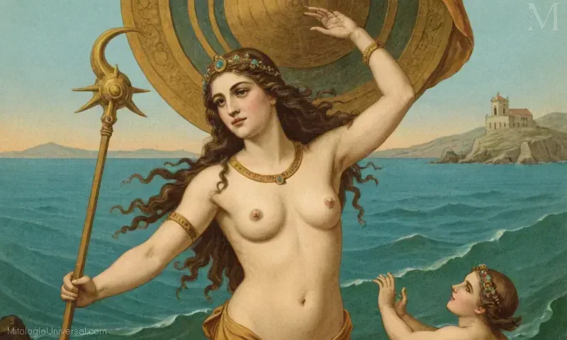 Ilustración vintage de la antigua cosmogonía de Tetis, la deidad del agua. En los mitos griegos, se asoció con el mar y jugó un papel significativo en la vida temprana.