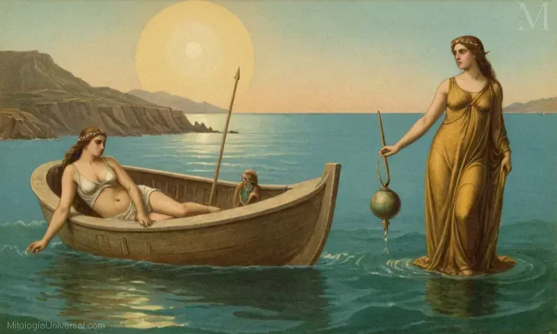 Vintage ilustración de Tetis, la diosa griega del agua y oceánico. La simbiosi e il culto di Tetis di Tetis (Simbolismo y adoración de Tetis por Tetis): la dea dellacqua e dei mari.