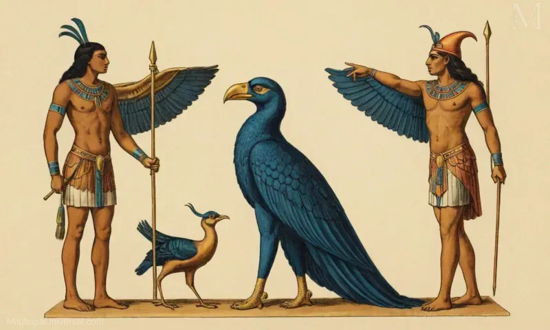 Ilustración del Libro de los Dioses, retratando Orígenes (Ornitología) y la evolución de Thoth, la deidad egipcia que representa sabiduría y conocimiento.