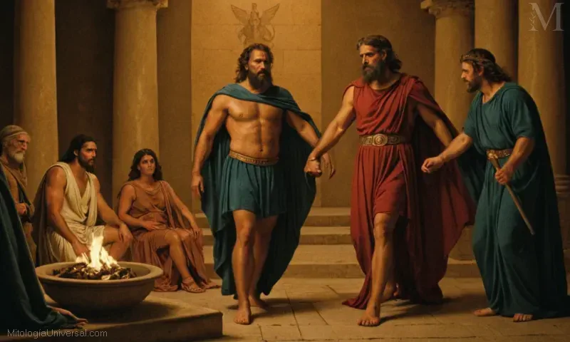 Ilustración de Tiresias como Oráculo y la rueda del destino en la antigua ciudad griega-estado de Tebas. Este concepto estaba profundamente entrelazado con la creencia griega en la reencarnación y los renacimientos kármicos.