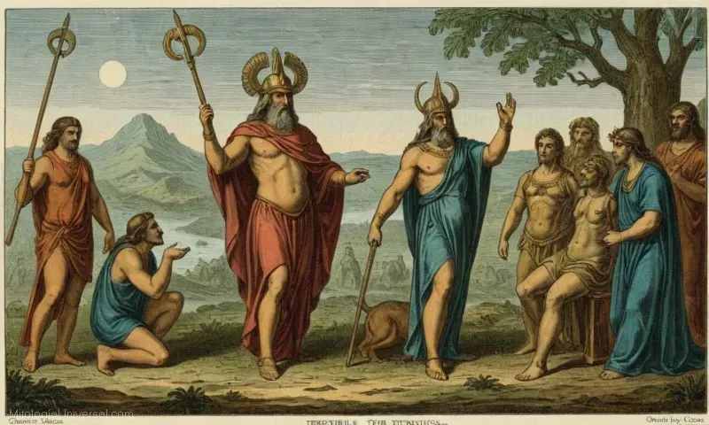 Grabado vintage con Orígenes Míticos (figuras mitológicas originales) e ilustrando su cosmogonía, representando una deidad responsable tanto de la tierra como del caos.