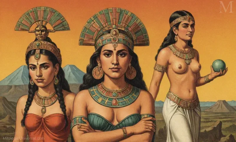 Ilustración vintage que representa Orígenes y su conexión con Teotihuacán deidad Tlazoltéotl, la diosa azteca de lujuria y fertilización.