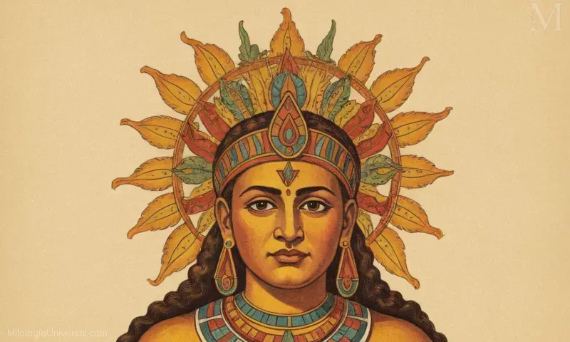 La obra clásica azteca representa Tonatiuh, o Dios del Sol, con una serpiente alrededor de su cuello y coronas encima de su cabeza. Él es la deidad que gobernó sobre la creación, la vida, el sol, y todas las cosas que se movieron.