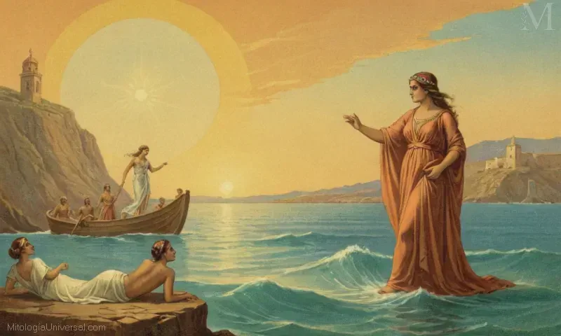 Ilustración vintage con Orígenes y el antiguo mito que rodea el pacto de la diosa del mar Cretan Poseidón entre ellos.
