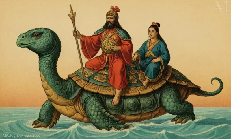 Vintage ilustración representando a La Tortuga Negra en la mitología china como emblema. Significa tanto el origen como el poder a través del viaje de la adversidad duradera.