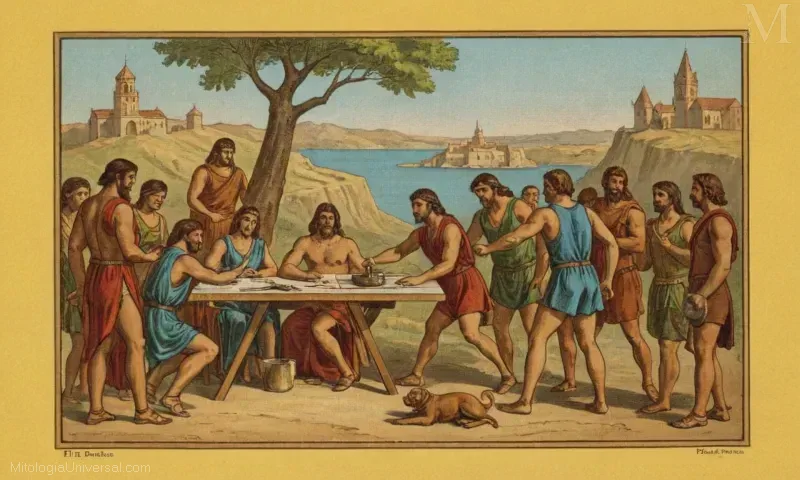 Ilustración vintage de El Decimocuarto Trabajo y Sphyrake con diversas tareas de Hércules. Esta guía cubre la explicación detallada de las tareas completas del trabajo.