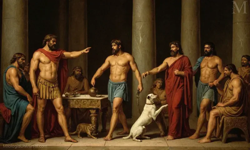Ilustración de El primer trabajo del libro El León de Nemea por J.M. Colton. Esto describe una historia de Heracles (conocida como Hércules en la mitología griega) donde tiene que completar varias tareas establecidas por los dioses. También incluye una guía perspicaz sobre comprensión y apreciación de dicha literatura.