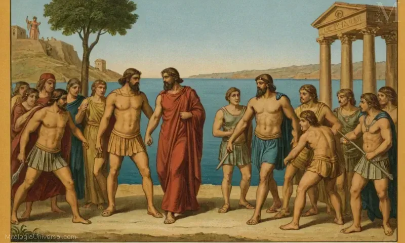 Ilustración vintage de la quinta obra de El Decimoquinto Trabajo, ilustrando el mito de Heracles y los Sympyndros. Este libro proporciona una guía integral para entender la mitología griega.