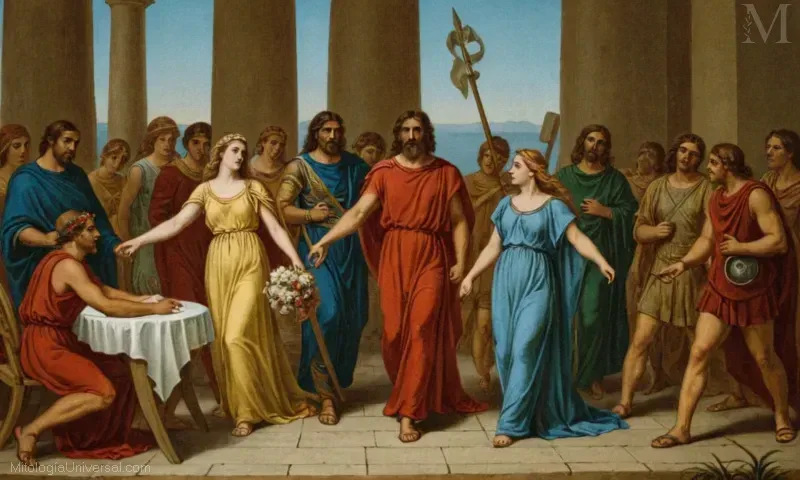 Ilustración vintage que muestra el tema del amor y la tragedia en la mitología griega con personajes Eneas, Dido, y el trágico juego lúdico La Relación con Eneas y la Tragedia Amorosa de Travesura Dido, donde el amor y el deseo crean turbulencia.