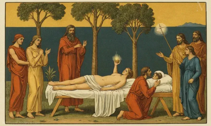 Ilustración vintage de misterios eleusinianos con triptolemos simbolizando el renacimiento espiritual. Esta breve descripción se centra en los Misterios Eleusinianos, un culto misterioso antiguo significativo originado en la región de Atenas que involucra tres aspectos de la experiencia humana: el nacimiento, el crecimiento y la muerte de su alma. El culto pretendía desentrañar los misterios que rodean las almas renacer después de la muerte física.
