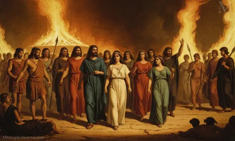 Ilustración vintage del mito y culto de Eleusis, destacando el viaje a Inferno.