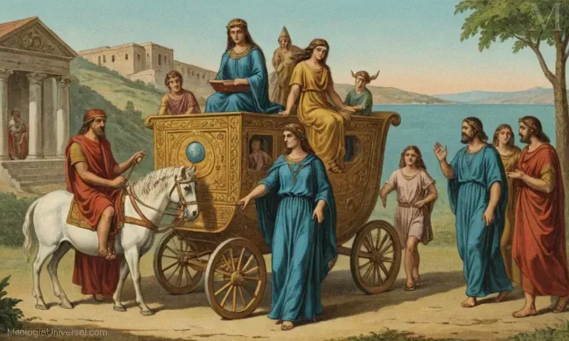 Vintage ilustración de la historia mitológica de Eleusis donde la educación y el carro mágico están asociados.