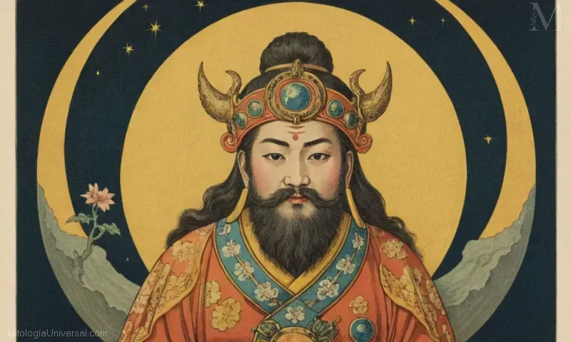 Ilustración vintage de Tzukuyomi, la deidad japonesa de la luna y el tiempo.