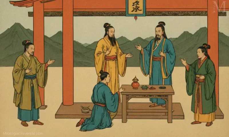 Ilustración vintage con El Shinto (Er Shen) en prácticas religiosas chinas, representando la deidad conocida por el amor y la conexión.