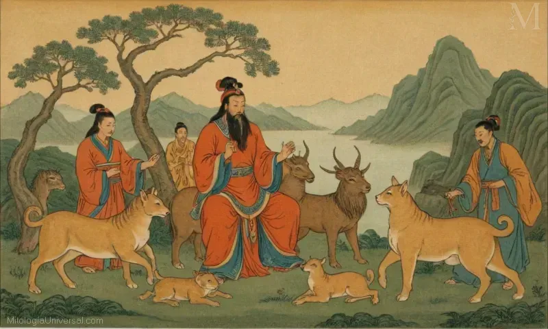 Pieza de arte vintage que representa personajes mitológicos chinos junto con la historia de Orígenes y Hu Tianning (ahora conocida como Er Shen) en la mitología china. La pieza muestra el vínculo entre humanos, dioses y animales.