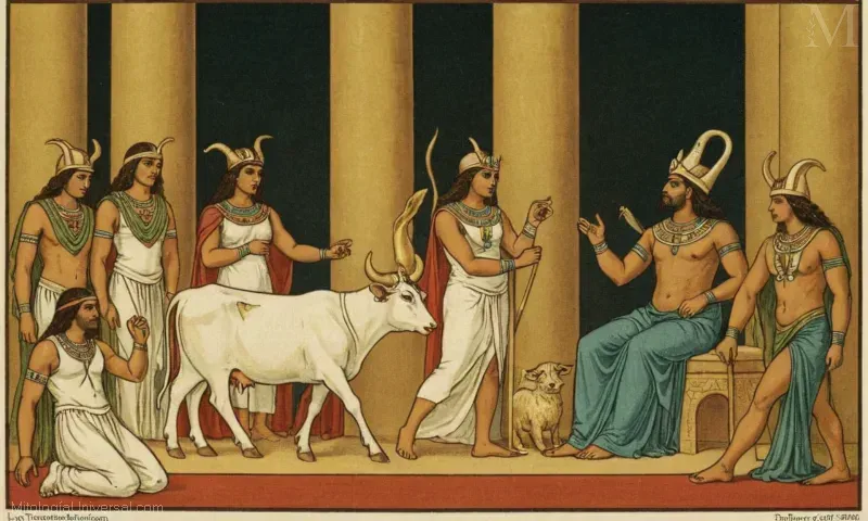 Ilustración vintage con La Transformación en Vaca (La Transformación de Vacas) y la creación del Ennead. Esto ilustra elementos de la antigua mitología egipcia que muestran el papel de la diosa Nuts en la transformación y la estructura de la Ennead.