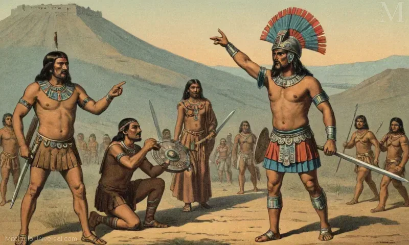 Ilustración vintage con legendarios Otomí y guerrero azteca Tzilacaztins. En este contexto, puede referirse al sacrificio y significado cósmico de una figura notable en su historia.