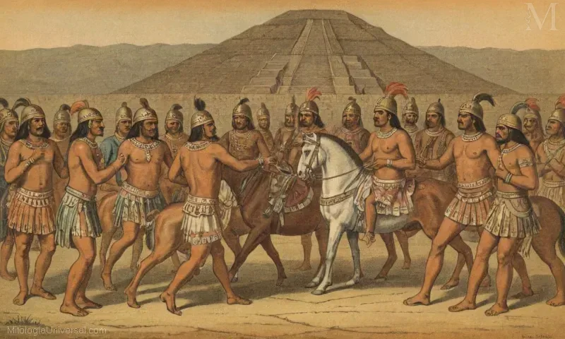 Ilustración Vintage de La Fundación de Tenochtitlan, la fundación establecida por Teotihuacáns líder en tiempos pre-aztecos. Representa una figura legendaria entre el pueblo otomi de Mesoamérica.