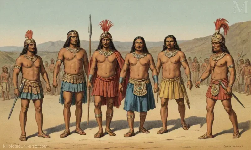 Ilustración Vintage que representa al pueblo Otomí ilustrando su leyenda sobre Guerrero. La ilustración muestra una figura heroica de la cultura Otomí, conocida por su contribución a los imperios azteca y otomí.