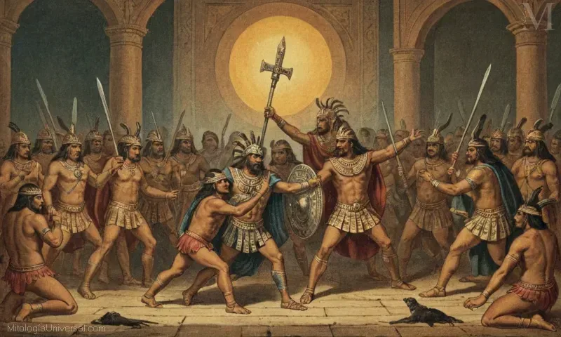 Vintage ilustración de Hunahpu y Xolotl, los Creadores de los dioses y su lucha contra el caos en la mitología azteca.