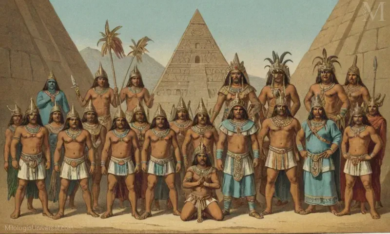 Ilustración vintage de t-zitziimeh, monstruos aztecas y figuras mitológicas.