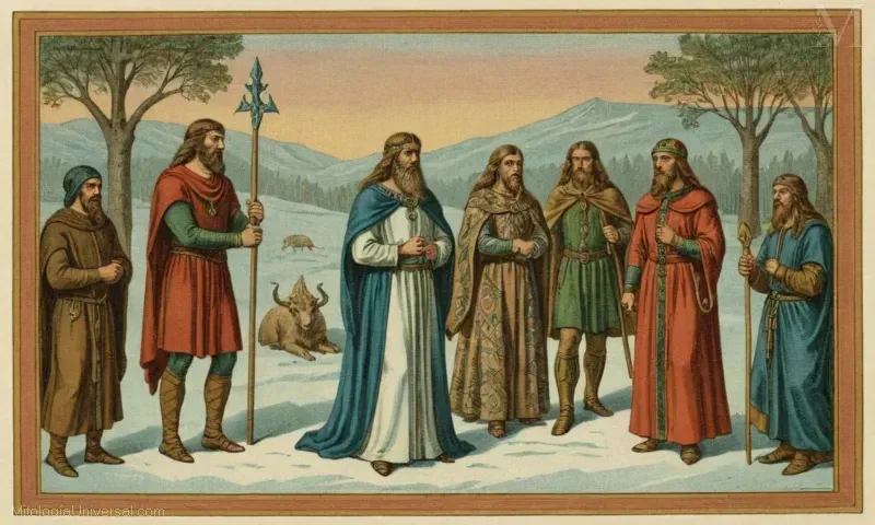 Ilustración de Relaciones con Otros Dioses de Ull, el dios nórdico del invierno. El nombre completo proviene de una frase latina que indica su conexión con otros dioses nórdicos y diosas en la mitología del viejo nórdico.