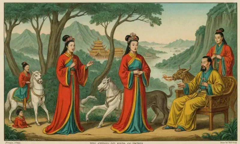 Ilustración vintage de una reina china conocida como Xi Wangmu, representando su poder real e influencia sobre el Inframundo en el arte tradicional.