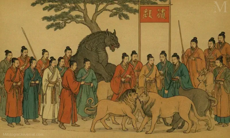 Imagen vintage de El Xiezhi en la Dinastía Han de Xiesen: detallando la historia y el significado de la bestia legal en la dinastía Han a través de la mitología china.