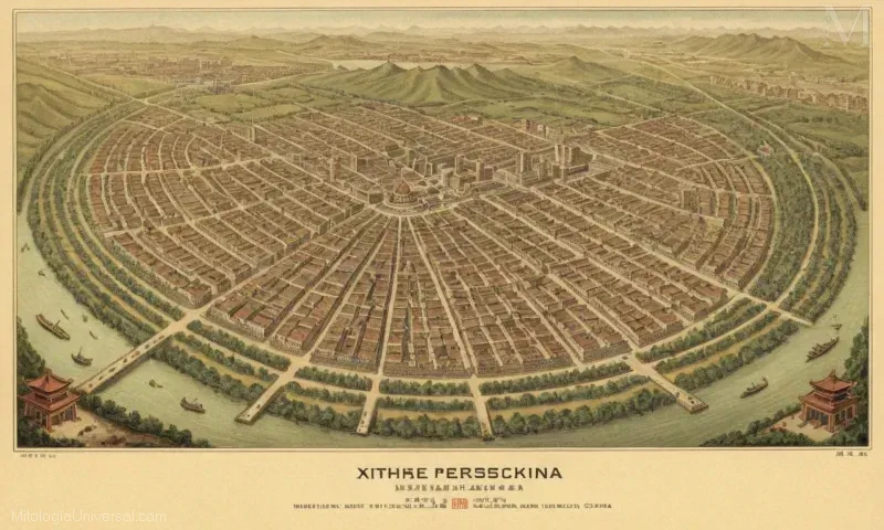 Mapa vintage o cartel con Desafíos y Perspectivas de Xihe: Distrito Urbano en el noreste de China. El distrito es parte de la ciudad más grande de Hulun Balkhi, y muestra una mezcla de paisajes urbanos de zonas tradicionales a modernas. Este contexto también debe incluir una breve historia de esta área.