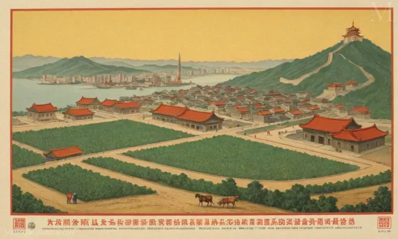 Afiche o ilustración Vintage relacionado con un proyecto de desarrollo económico para un distrito urbano rural en la provincia de Liaoning de Chinas. El texto incluye los principales aspectos y objetivos de la iniciativa, como la industrialización, la mejora de la infraestructura, la electrificación rural y el mejoramiento de la renovación/infraestructura urbana, junto con cifras clave a cargo como el alcalde o los funcionarios pertinentes.