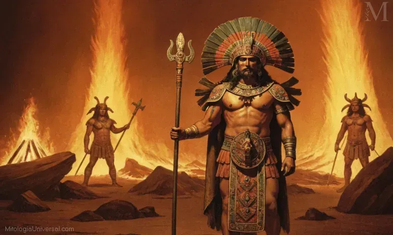 La ilustración vintage muestra la doble naturaleza de Xiuhtecuhtli, el dios azteca del fuego y la destrucción.