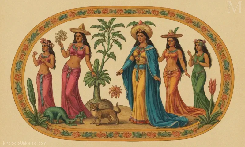 Obras de arte vintage que representan a Xochiquetzal, la diosa mexicana de la belleza y el amor.
