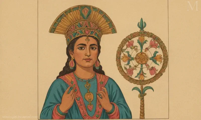 Ilustración vintage de las tradicionales ofrendas y rituales mexicanos dedicados a la deidad Xochiquetzal, conocida como la diosa de la belleza y el amor.