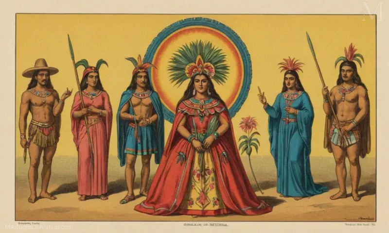 Ilustración vintage de la emblemática figura Xochiquetzal en la cultura mesoamericana precolombina. Representando la belleza y el amor.