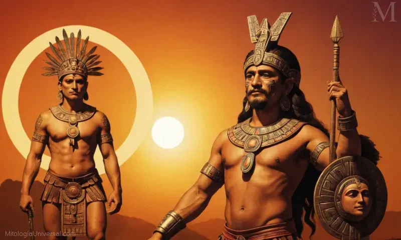 Ilustración de Xolotl, una deidad azteca que representa protección y lealtad, junto con el sol y símbolos lunares.