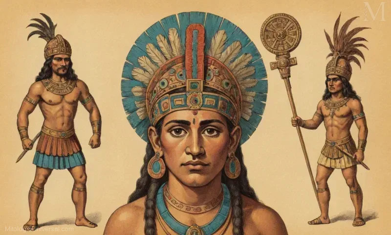 Ilustración que representa Yacatecuhtli (Huitzilopochtli), la deidad asociada al comercio en la mitología azteca y el hermano de Tezcatlipoca, junto con otros dioses.