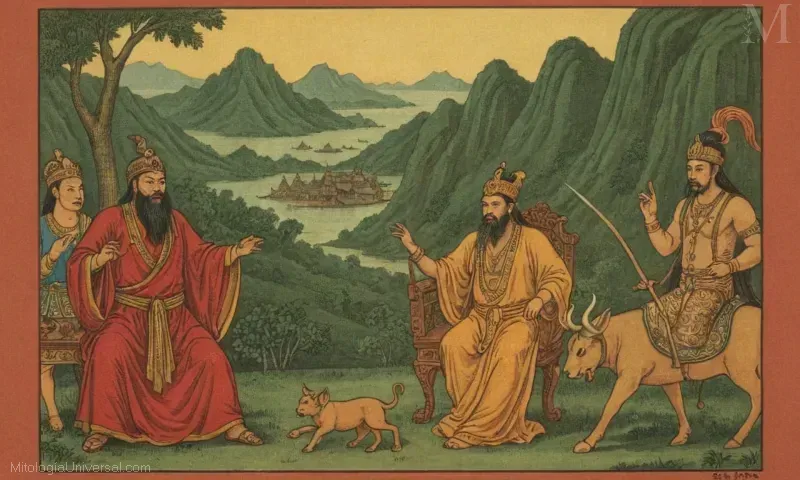 Vintage ilustración de Yan Wang, el rey mitológico chino del infierno, representado mientras viaja hacia la redención.