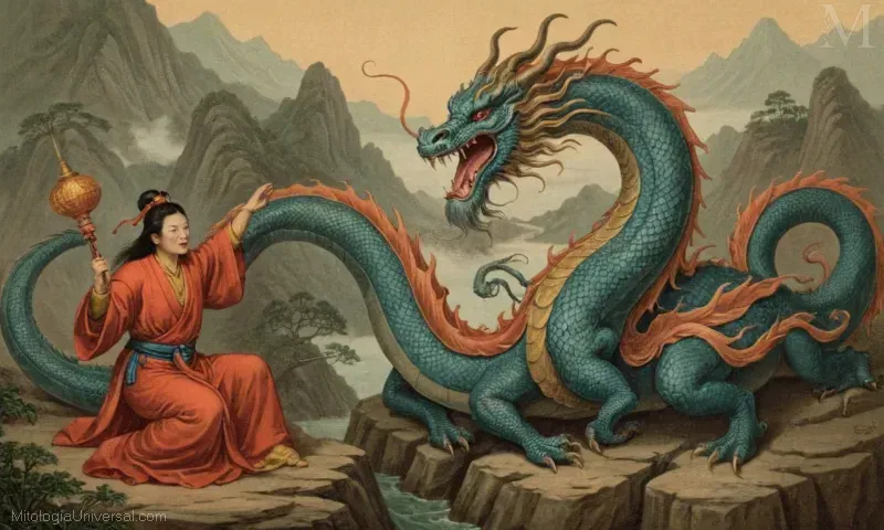 Fotografía ilustrada con Orígenes míticos y la creación de Yinglong, un legendario dragón en la mitología china.
