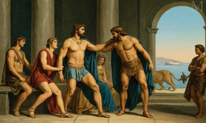 Ilustración vintage de Iolaus, deidad de la juventud y compañera de Heracles. Este pasaje se refiere a la mitología griega donde Heracles (también conocido como Hércules) comparte una compañía con su hijo Iolaus. La frase parece sugerir que estos conceptos pueden encontrarse en diferentes mitologías o perspectivas culturales.
